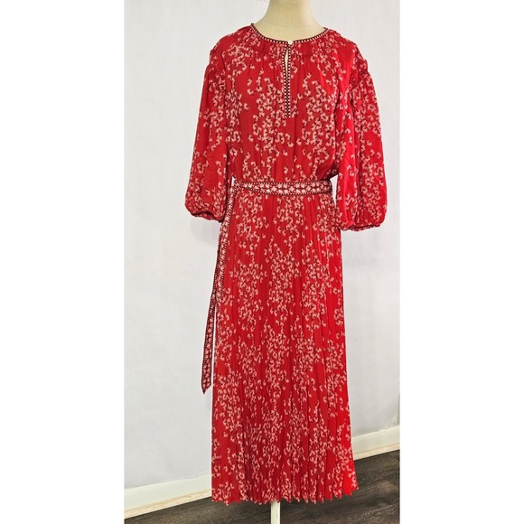 Max Studio Dresses & Skirts - Max Studio Red Floral Print Puff Sleeve Pleated Midi  Dress Women's Large